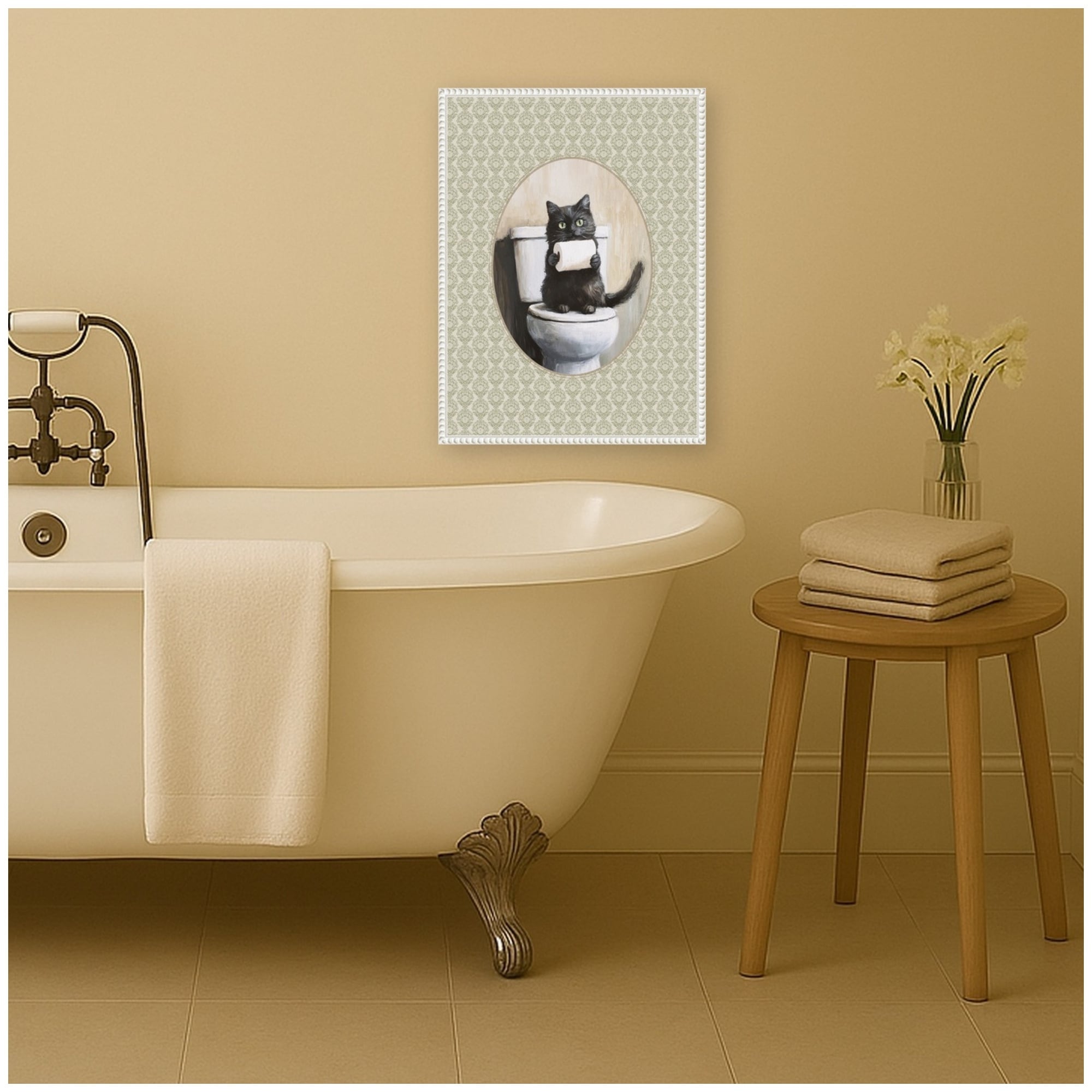 Kate and Laurel Black Cat and Toilet Paper Green Bathroom by The Creative Bunch Studio Framed Canvas Wall Art Print