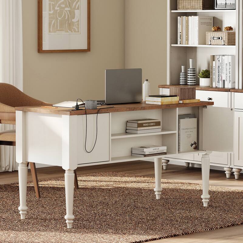 56'' Farmhouse Executive Desk with Drawers White/Oak - 5 Drawers and 2 Doors