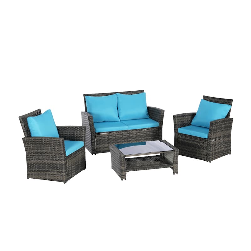 4-Piece PE Rattan Patio Furniture Set with Cushions and Tempered Glass Coffee Table, Outdoor Wicker Chairs and Loveseat