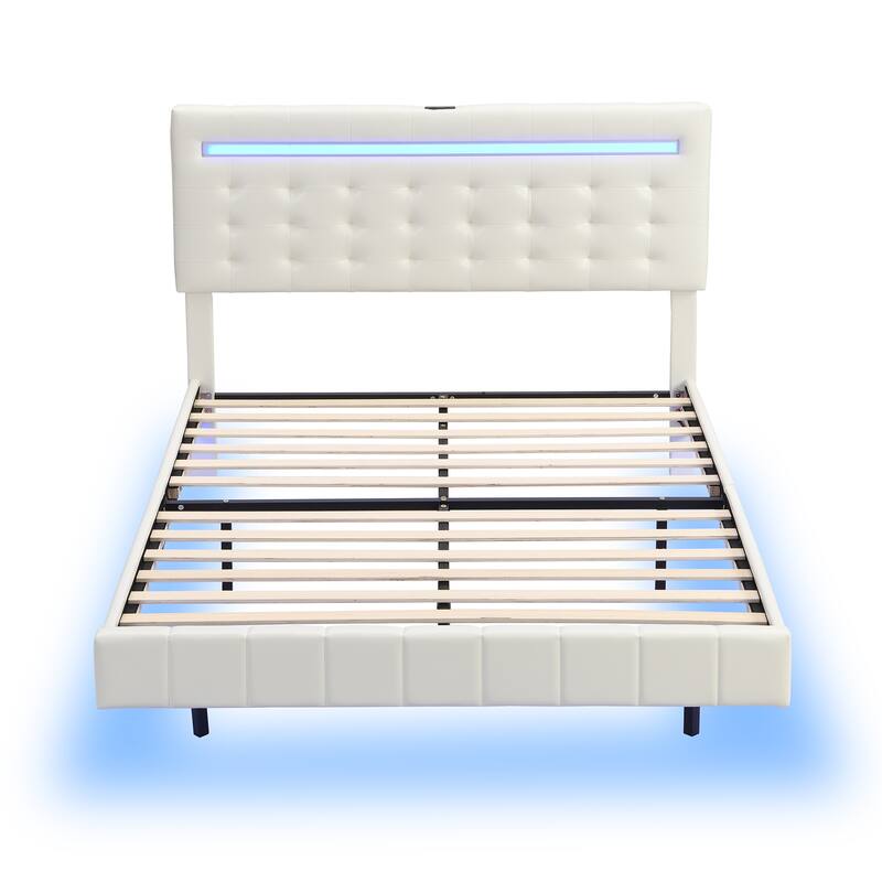 Floating Bed Frame with LED Lights and USB Charging Modern Upholstered Platform LED Bed Frame