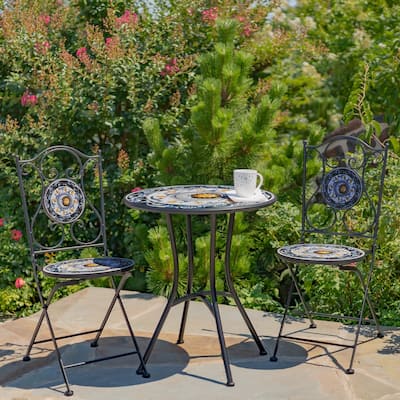 "Luna" Three Piece Mosaic Bistro Set - Navy, Light Blue & Yellow