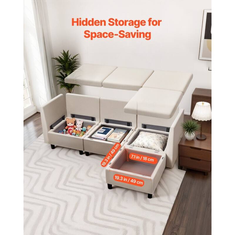 Beige Cotton-Linen Modular Sectional Sofa with Storage, Plush Cushions anda Kid-Friendly Design - 78.3 x 24 x 24 in