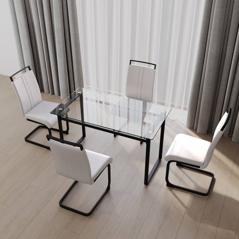 Glass 5-Piece Dining Table Set with 4 PU Upholstered Chairs