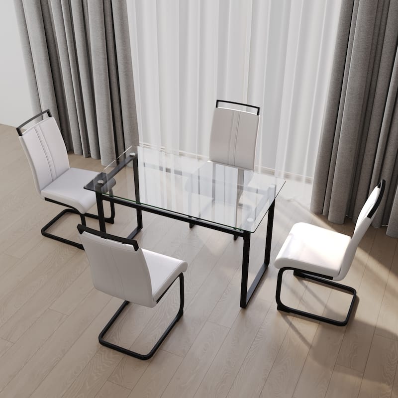 Modern 5-Piece Dining Set with Rectangular Glass Table & High Back Metal C-shaped Tube Chairs