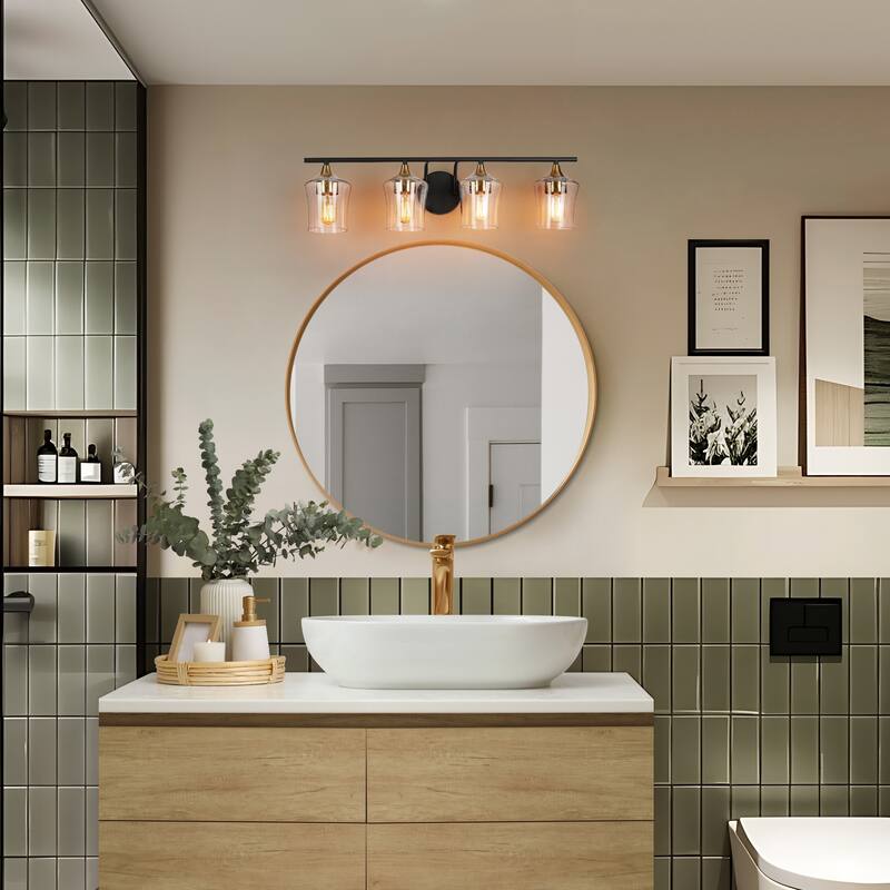 Modern Black Gold 2/3/4-Light Linear Bathroom Vanity Lights with Seeded Glass