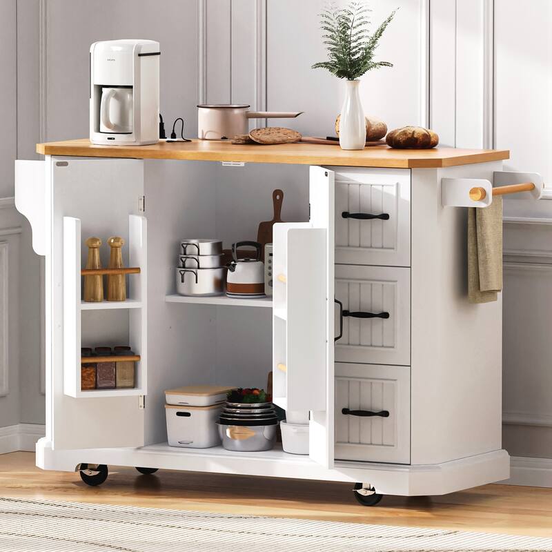 Kitchen Island with Rubber Wood Veneer Drop Leaf, Power Outlet, 4 Door Shelves