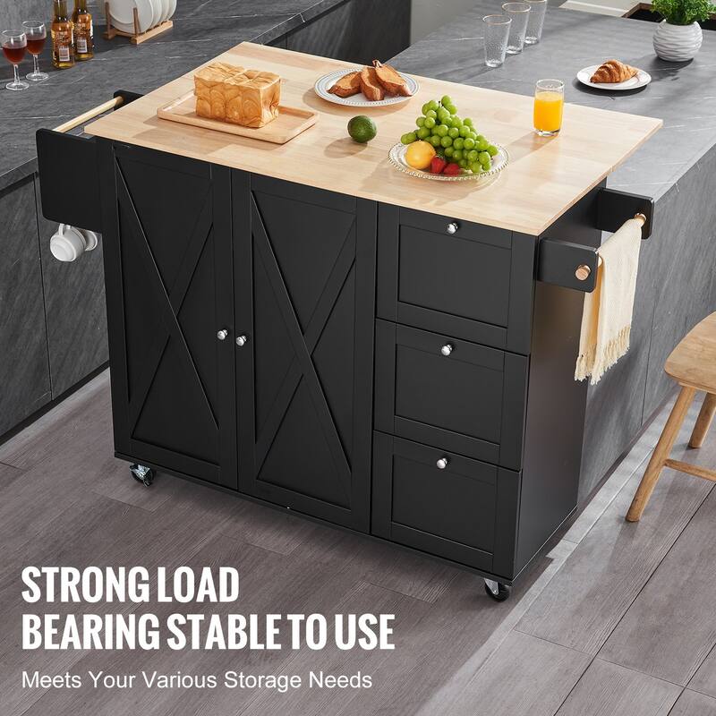 Black Wooden Kitchen Rolling Island Storage Cart with 2 Cabinet Doors and 2 Adjustable Shelves - 56x27x39 inch