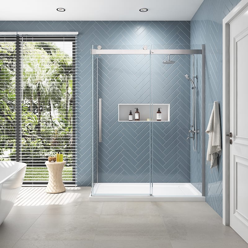 Bel Soft Close 3-Piece Base/Door Rectangular Corner Shower Kit (Left or Right Drain) - 60" - Satin Nickel