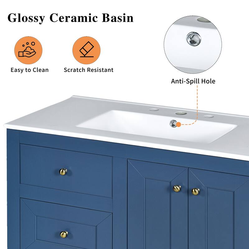 Bathroom Vanity with Ceramic Sink, Solid Wood Bathroom Storage Cabinet, Vanity Set with 2 Drawers & Double Door