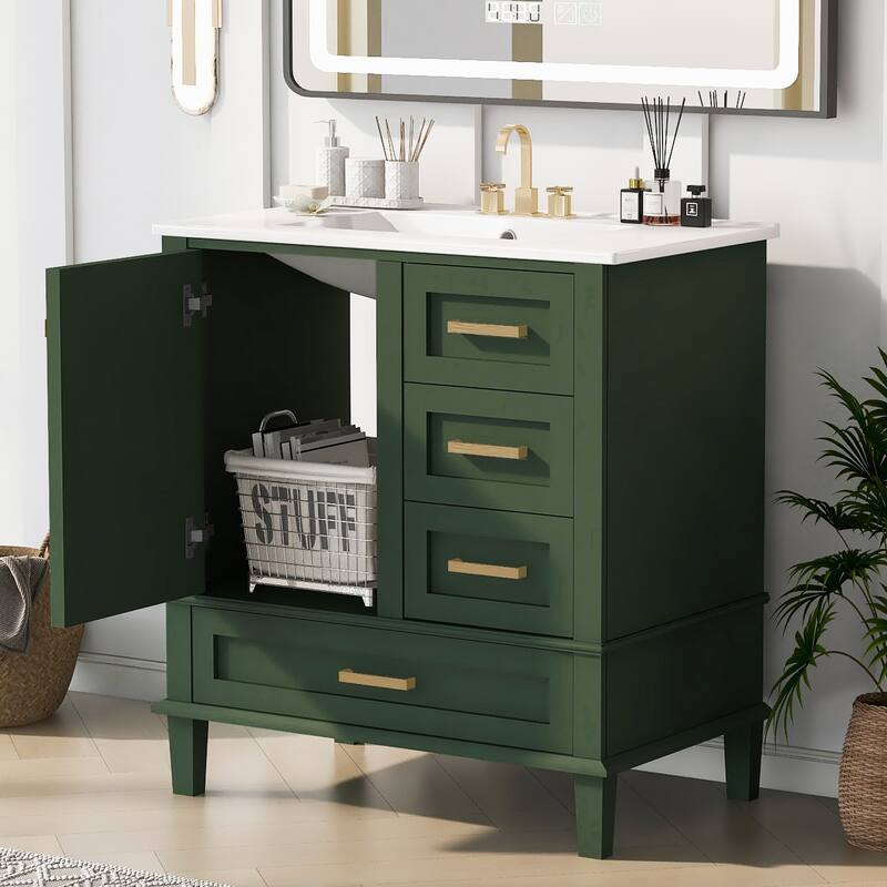 30" Bathroom Vanity with Ceramic Sink Combo Set, Bathroom Vanity Cabinet with 1 Soft Close Door and 3 Storage Drawers