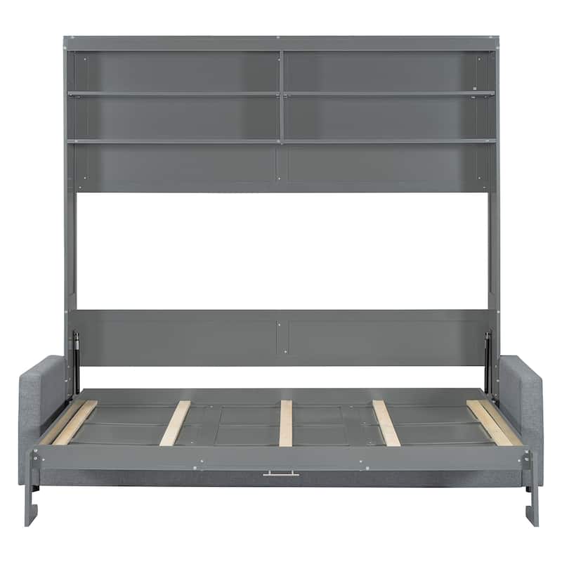 Queen Size Solid Wood Wall-Mounted Murphy Bed with Integrated Sofa and Space-Saving Storage, White and Gray Finish