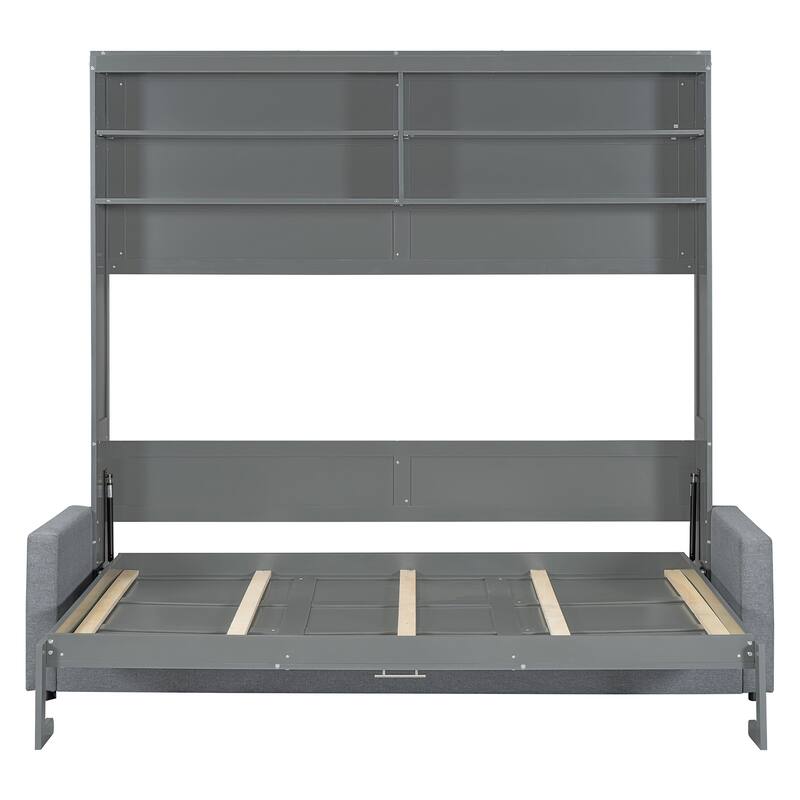 Queen Size Wall Bed with Sofa in Gray, Space-Saving Murphy Bed Design