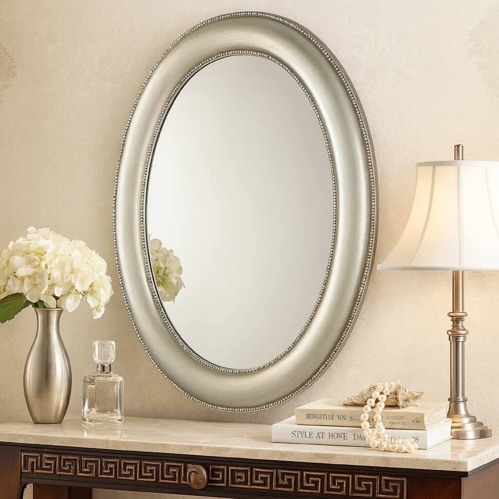 29 Inch Wood Wall Mirror, Beaded Oval Shape, Metallic Silver