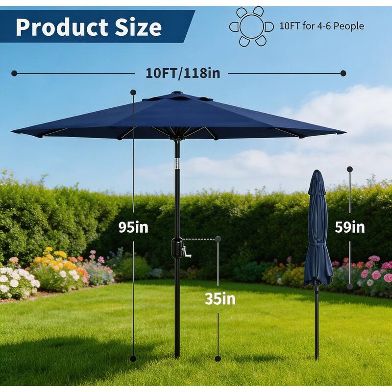 10ft Outdoor Patio Umbrella, with Crank Lift & Push Button Tilt, UV Protection Waterproof