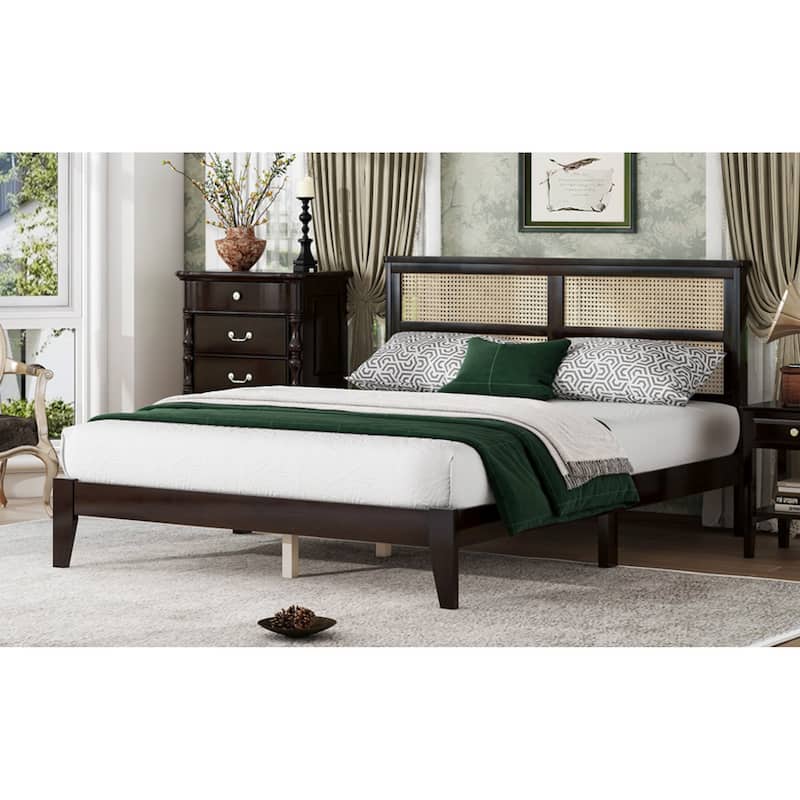 Roomfitters Queen Solid Rubber Wood Bed Frame with Rattan Headboard, Reinforced Support Feet Platform Design, Espresso