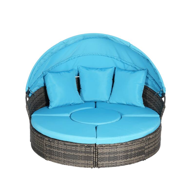 Outdoor Round Daybed with Retractable Canopy, Cushions, Table,Set of 5