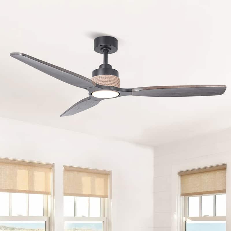 Parrot Uncle 56" Transition Black Solid Wood Jute Dimmable LED Ceiling Fan with Light and Remote