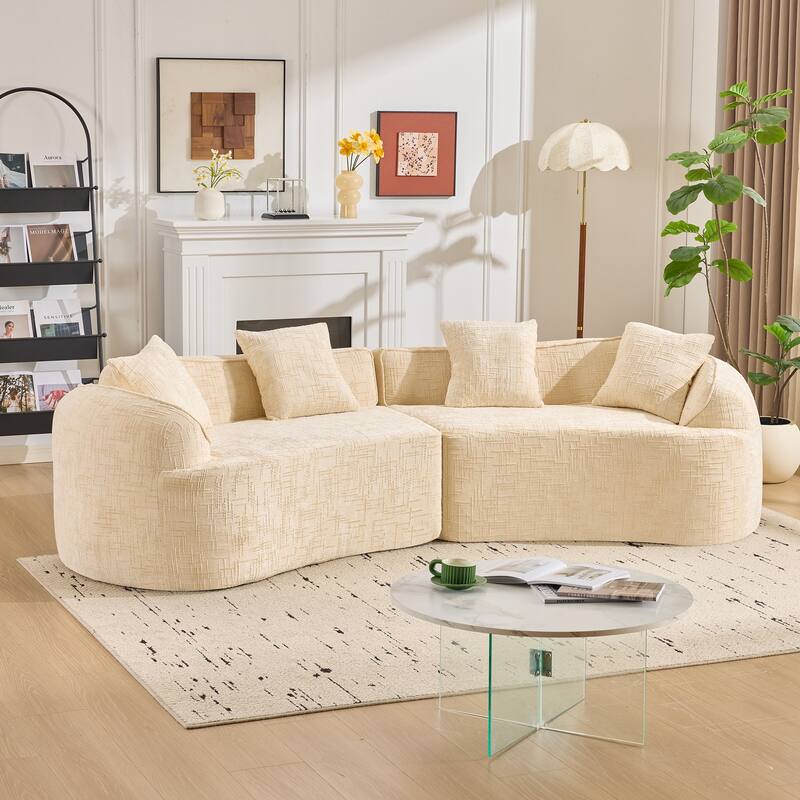 Curved Sectional Sofa with Pillows, Chenille Upholstered 4 Seater Sofa, Full-Compressed Deep Seat Sofa for Living Room