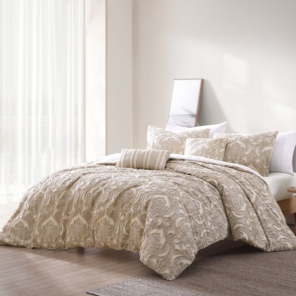 slide 2 of 10, Riverbrook Home Rhapsody 5 PC Medallion Clip Jacquard Tan - King - 5 Piece