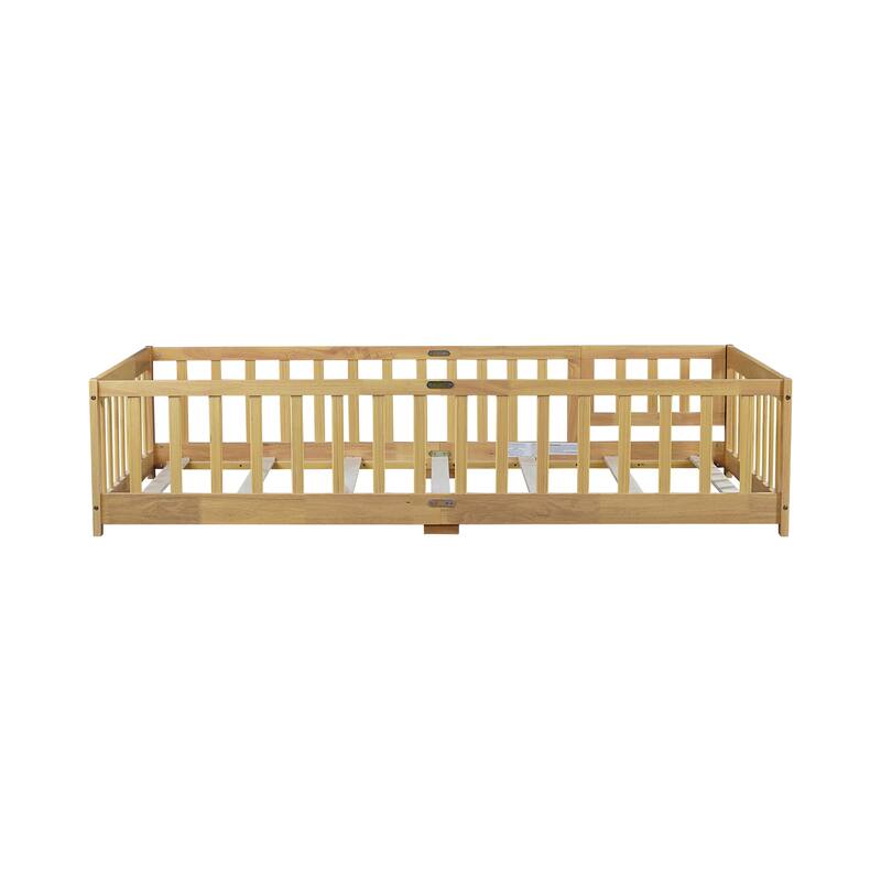 Floor Bed with Fence,Door and Safety Guardrails,Perfect for Kids' Play,Sleep and Development - Natural-Twin Size