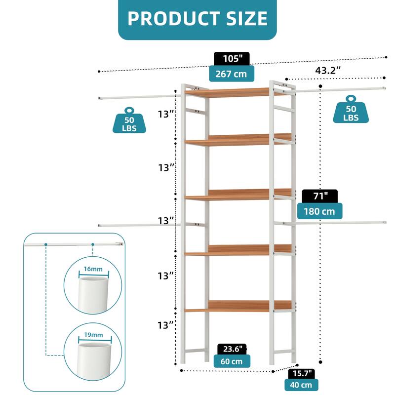 Wall-Mounted Clothing Storage Rack Multi-Functional Closet Organizer System with Adjustable Rods and Shelves