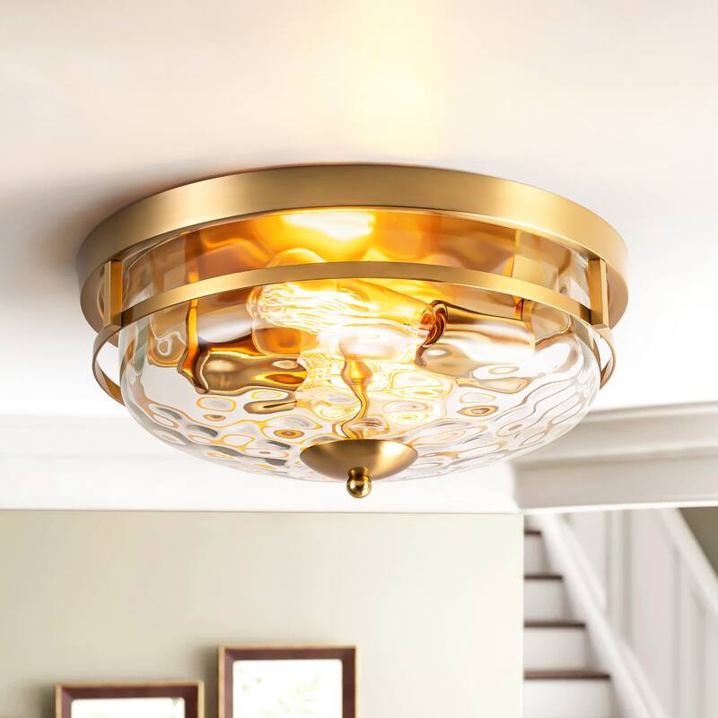 2-Light Industrial Farmhouse Ceiling Light Dome Clear Water Rippled Glass Flush Mount Light - 12.9 in. W x 5.5 in. H - Gold