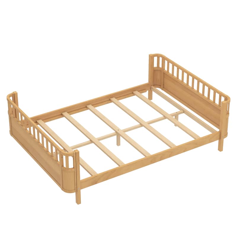 Multi Size Low Platform Bed for Kids with Rounded Corners Guardrails, Detachable Right-side Fence and Open Left-side Design