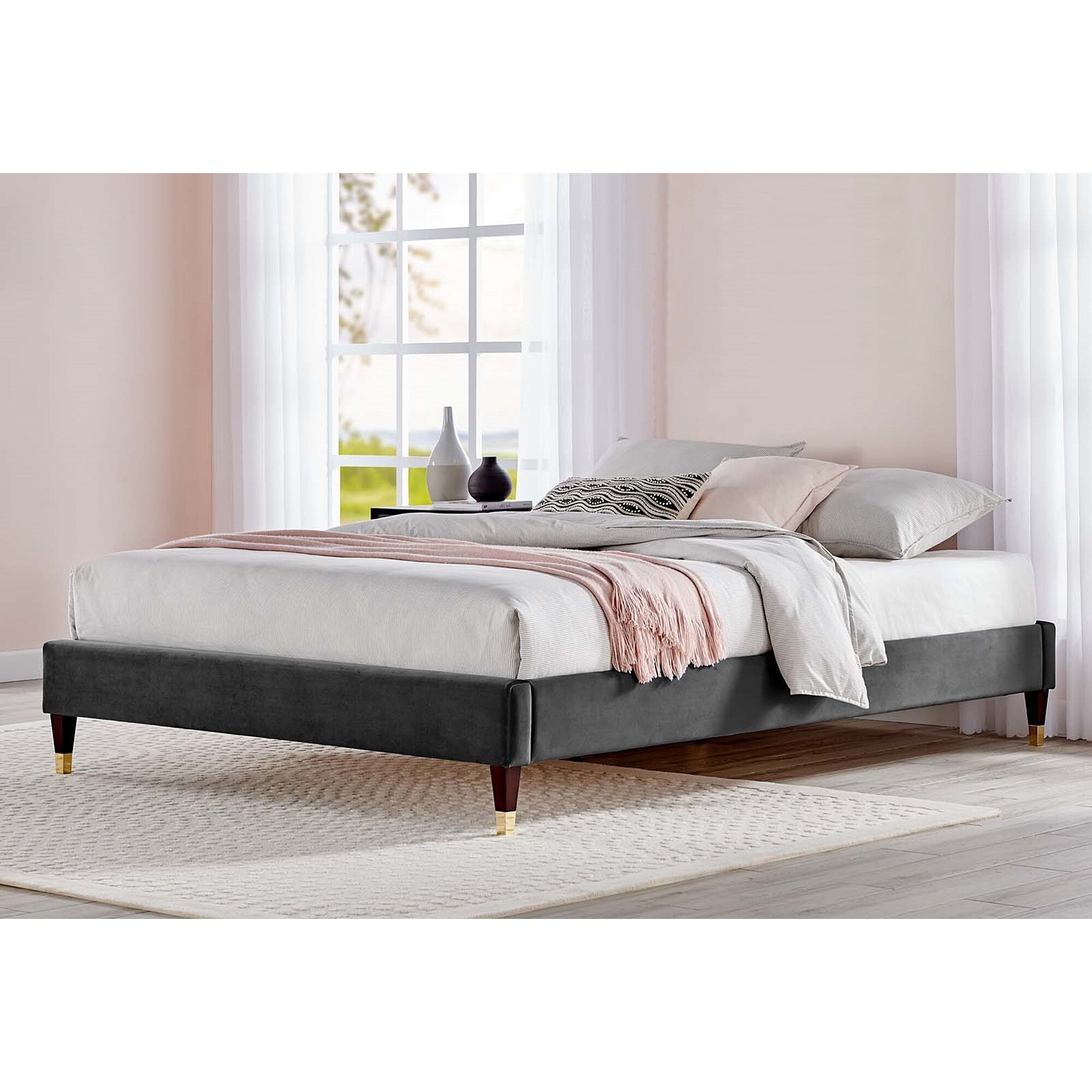 King Size Upholstered Platform Bed Headboard Frame Wood Slats Tufted Charcoal 
