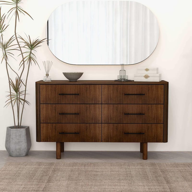 Dresser with 6 Drawer, Large Wooden Storage Cabinet, Curved Double Dresser with Metal Handle and Solid Wood Legs