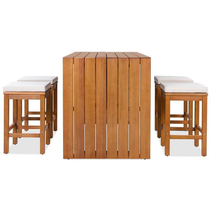 Roomfitters 5 Piece Outdoor Bar Set with High Top Dining Table and 4 Cushioned Backless Stools, Patio Furniture, Beige+Natural