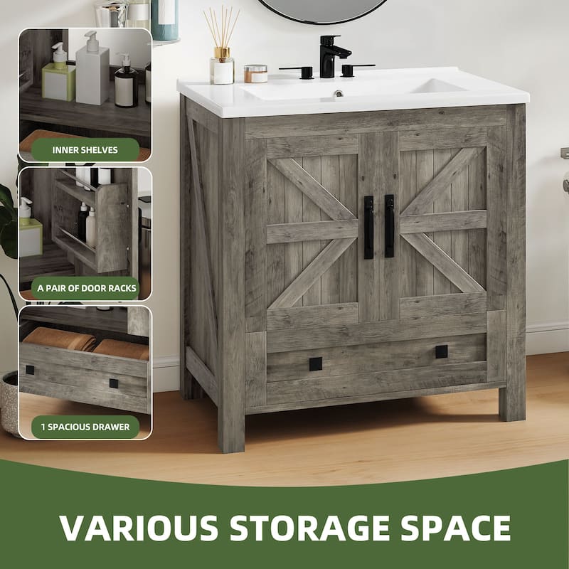 Moasis 30 Inch Farmhouse Bathroom Vanity with Sink and Barn Door Storage for Small Spaces