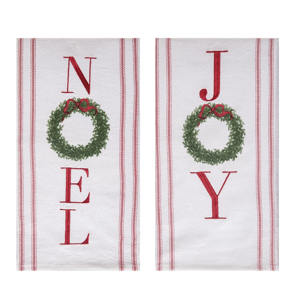 Transpac Fabric Embroidered Wreath Tea Towel Set of 2 Christmas Home Decorations