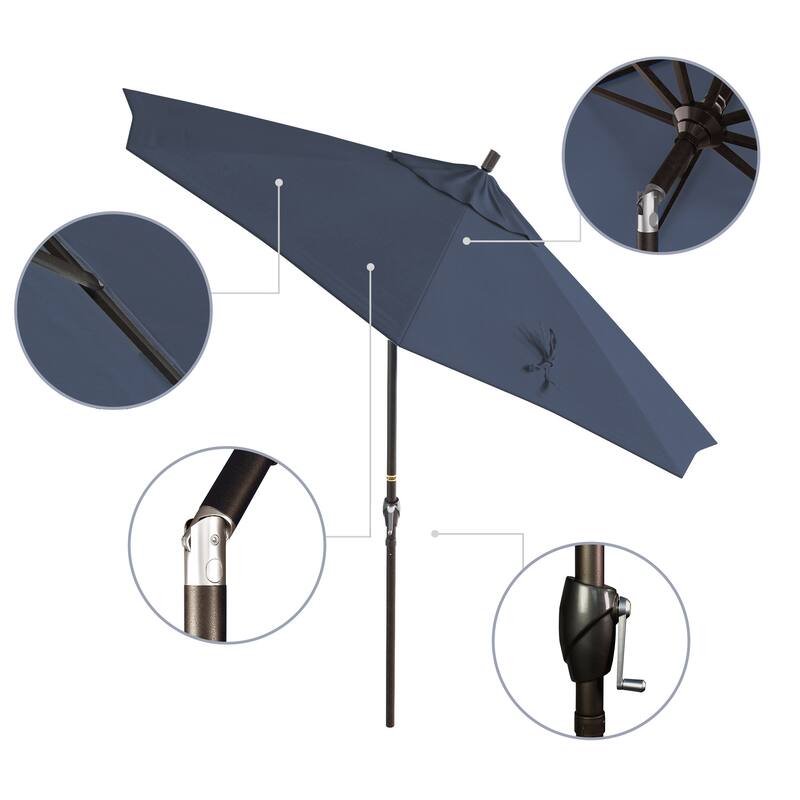 California Umbrella 9' Round Crank Lift Push Button Tilt Bronze Aluminum Patio Umbrella with Pacifica Pacific Blue Fabric