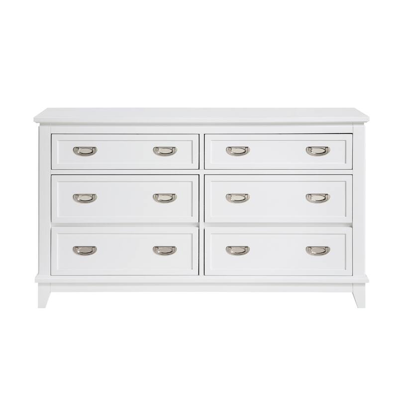 Sely Dresser, 55 Inch, 6 Drawers, White Wood, Nickel Ring Handles