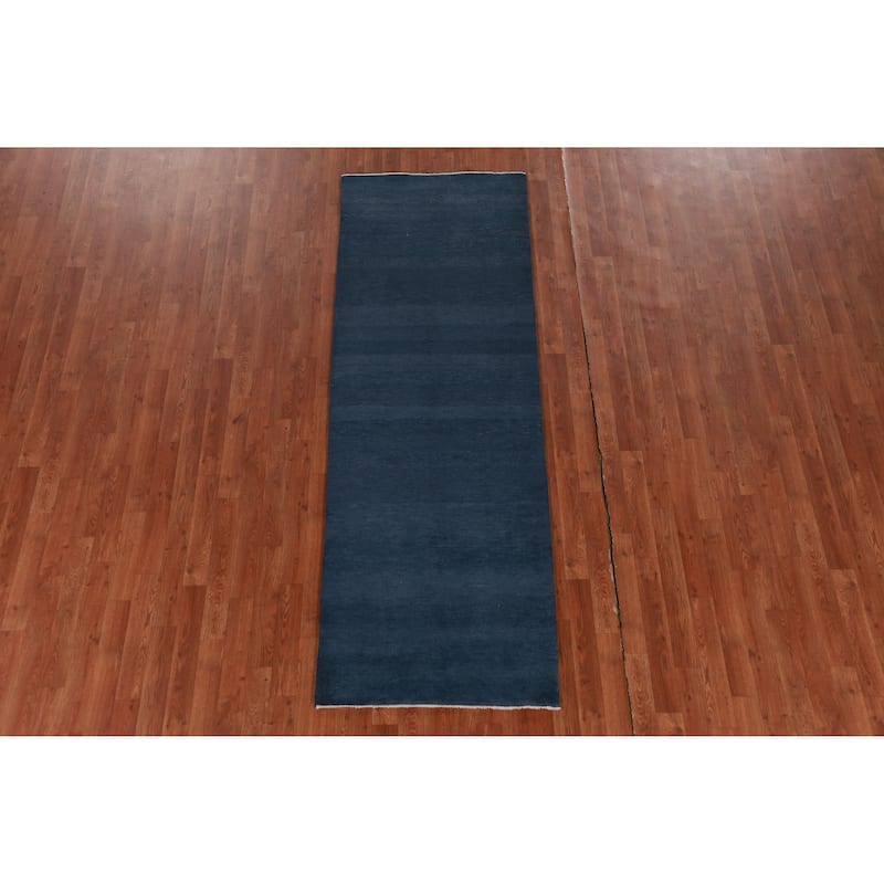Hand Knotted Oriental 100% Wool Carpet Modern Solid Navy Blue & Blues Gabbeh Runner Rug - 8' 2'' X 2' 8''