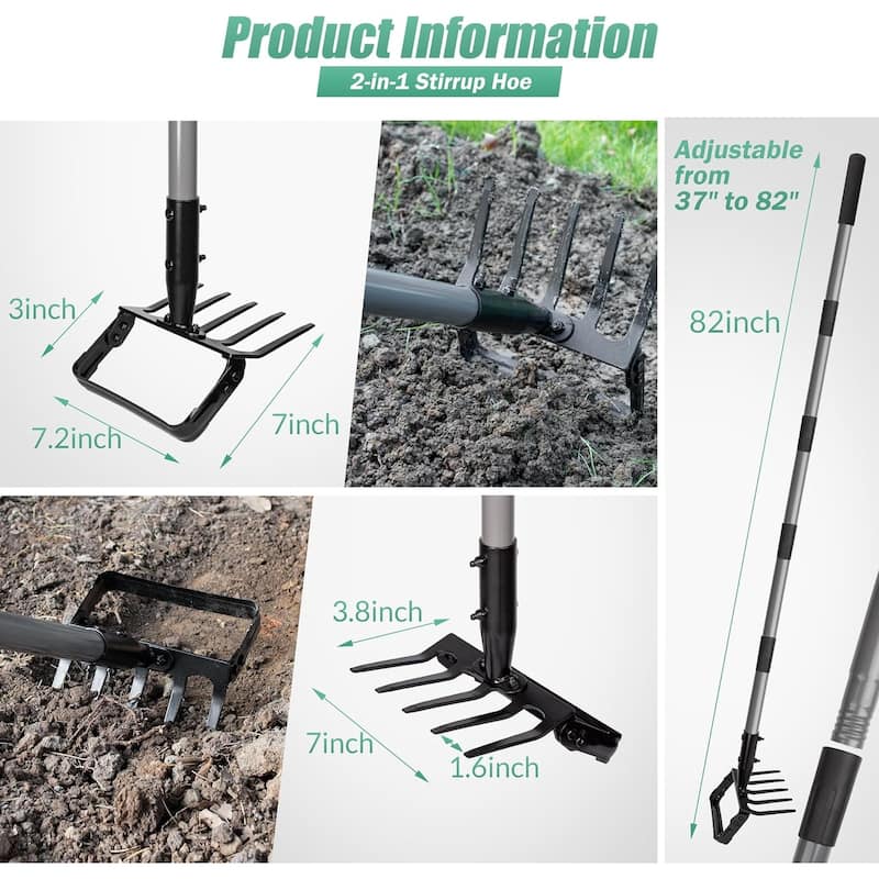 Suchtale 2-in-1 Stirrup 82" Hoe and Rake, Adjustable Handle, Weeding, Soil Loosening, Planting in Gardens