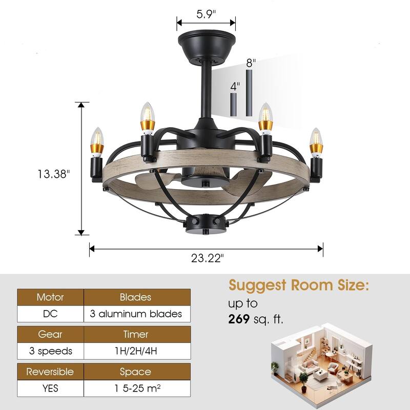 23"/32" Modern Chandelier LED Ceiling Fan with Remote,Wood Grain Caged Fandelier