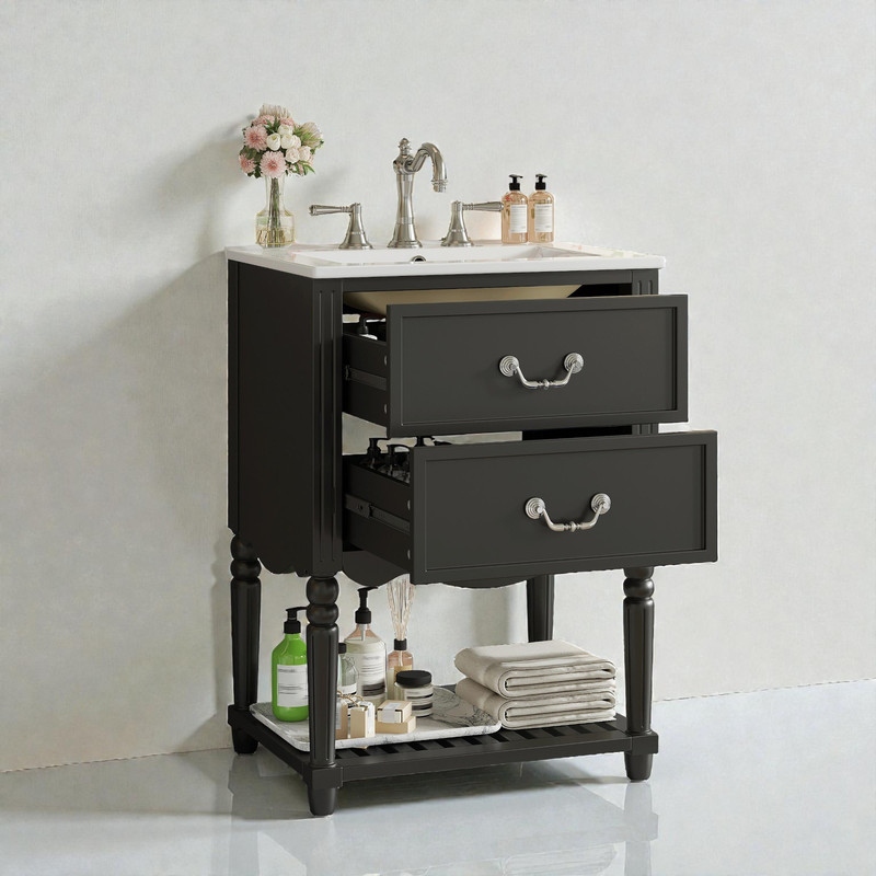 24'' Vintage Bathroom Vanity with Ceramic Sink, Freestanding Cabinet with 2 Drawers, Open Shelf