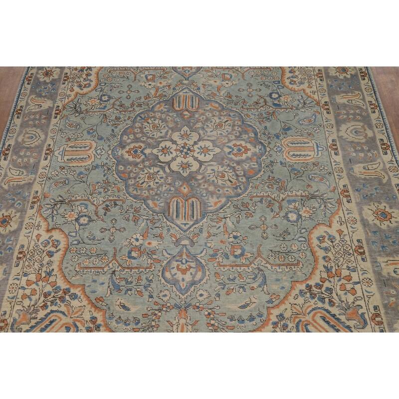 Light Blue Floral Tabriz Persian Area Rug Hand-Knotted Wool Carpet - 6'5"x 9'5"
