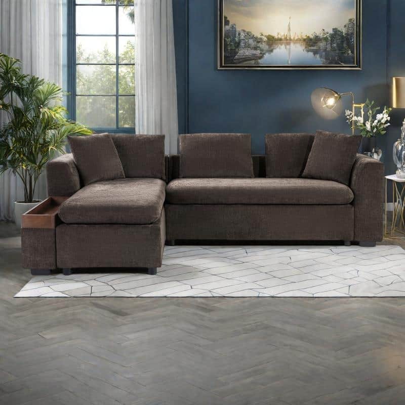 93.7" Chenille L-Shaped Sectional Sofa with Wooden Storage Compartment and Deep Seating - Brown