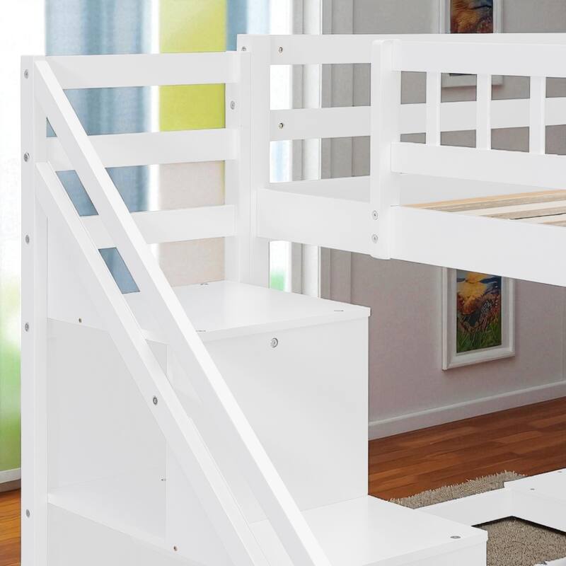 Twin/Full Loft Bed with Desk, 2 Storage Drawers, LED Light Strip, Side Stairs, Study & Space-Saving Design