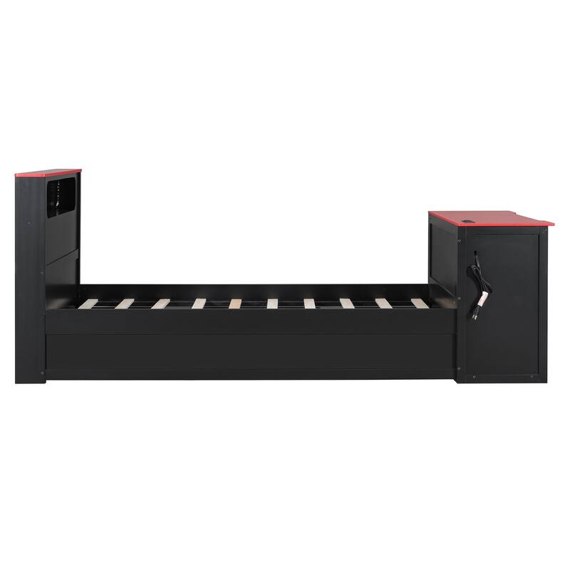 Wood Daybed with Trundle & Built-in Desk, LED Lights & USB Charging Port, Available in Full or Twin