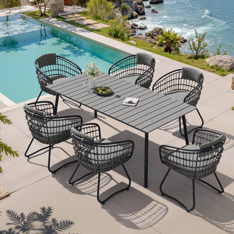 7-Piece Outdoor Patio Dining Set Wood-Like Table Top Alumium Umbrella Hole Table with Rattan Chairs - GreyTable&GreyChairs