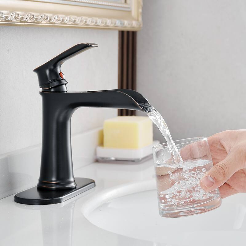 Modern Single Handle Single Hole Bathroom Sink Faucet with Pop Up Drain and Supply Line, Waterfall Spout Design - Brown