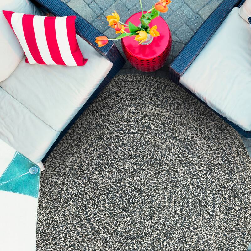 Superior Modern Rustic Bohemian Reversible Multi-Tone Braided Indoor Outdoor Area Rug - 6' Round - Denim Blue-White