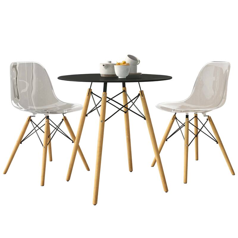 3-Piece Dining Set with 31-Inch Round Solid Wood Table and 2 Dining Chairs with Beech Wood Legs - Clear