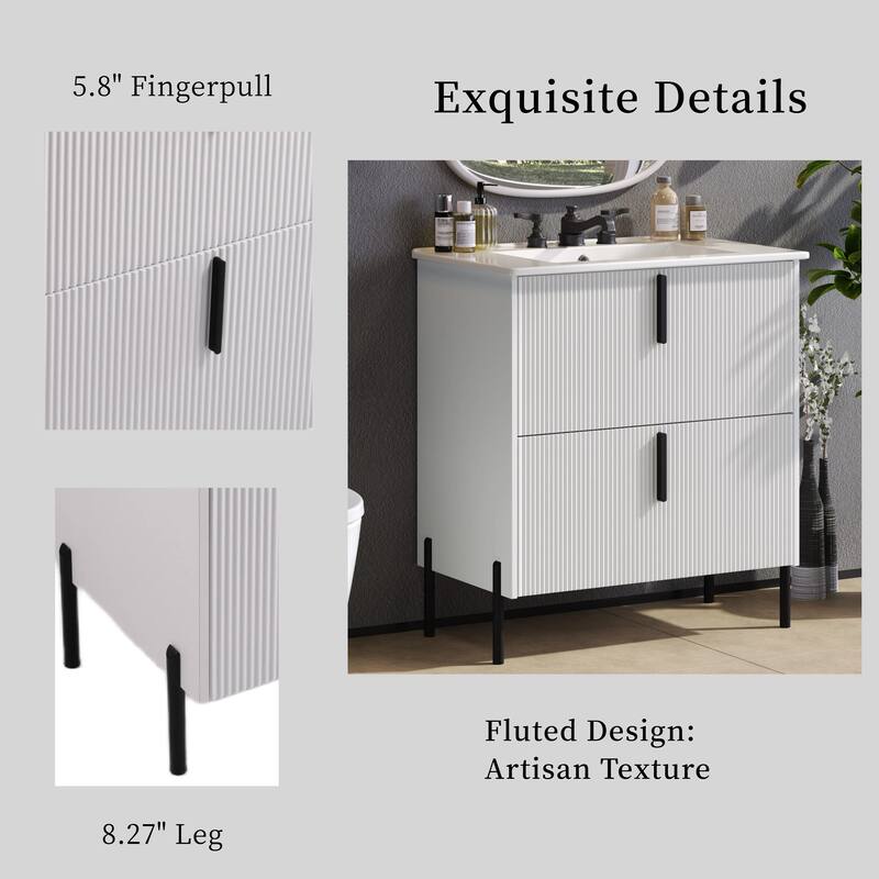 30" Bathroom Vanity with Ceramic Sink, Full-Extension Drawers, Soft-Close Undermount Slides and Fluted Design