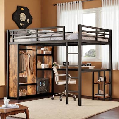 Queen Size Metal Loft Bed with Desk, Wardrobe, and Storage Shelves, Space-Saving Workstation Loft Bed Frame