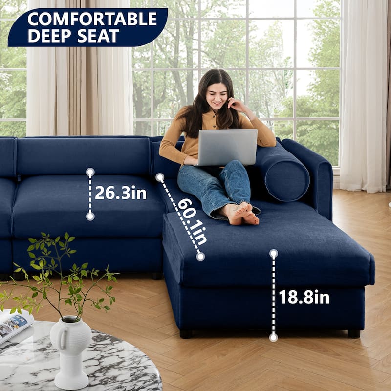 Chenille L-Shaped Sofa with Storage, 3-Seater Couch with Ottoman, Cylindrical Backrests & Armrests, Modern Modular Sofa