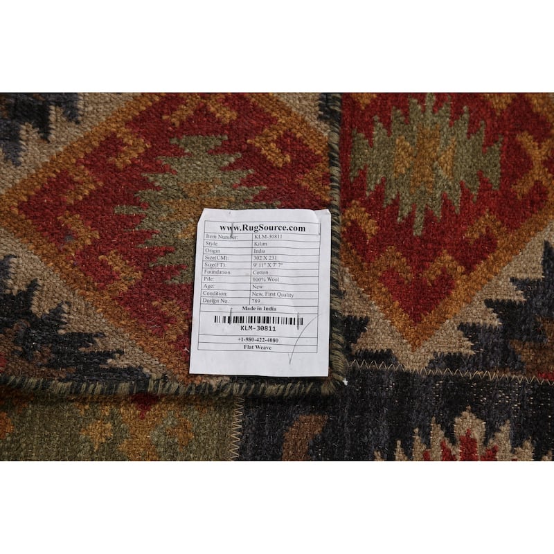 Geometric Kilim Indian Area Rug Flatweave Wool Carpet - 7'7"x 9'11"